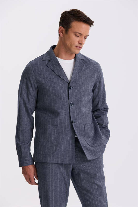 Azure Slim Fit Mandarin Collar Linen Blend Double Slit Striped Suit Jacket - 2