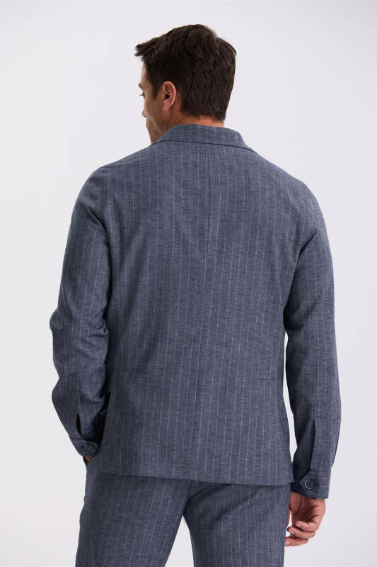 Azure Slim Fit Mandarin Collar Linen Blend Double Slit Striped Suit Jacket - 4