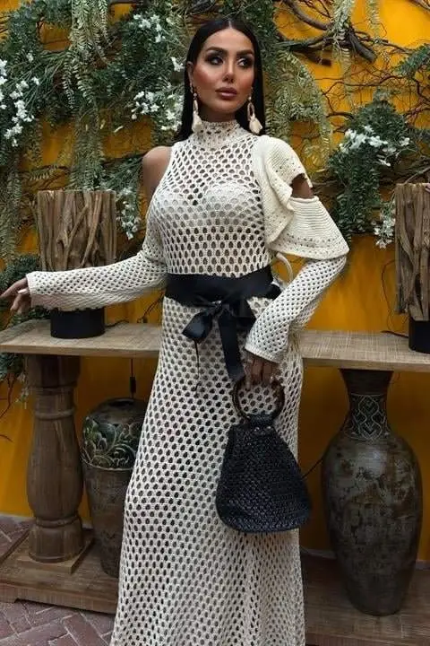 Ажурное трикотажное платье с атласным поясом 2847 - BÜYÜKBEDENIZ