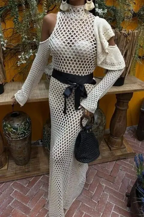 Ажурное трикотажное платье с атласным поясом 2847 - 3