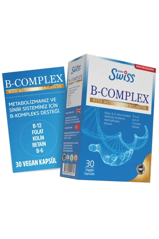 B Complex Vitamin 30 Capsules B1, B2, B3, B5, B6, B7, B9, B12 Vitamin Methylcobalamin Methylfolate - BORK SWISS NATURAL