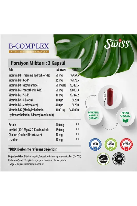 B Complex Vitamin 30 Capsules B1, B2, B3, B5, B6, B7, B9, B12 Vitamin Methylcobalamin Methylfolate - 5
