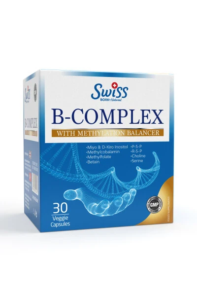 B Complex Vitamin 30 Capsules B1, B2, B3, B5, B6, B7, B9, B12 Vitamin Methylcobalamin Methylfolate - BORK SWISS NATURAL