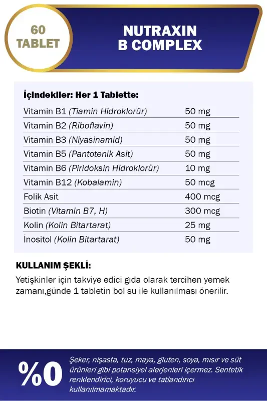 B Complex Vitamin 60 Tablets B1, B2, B3, B5, B6, B12 - NUTRAXIN