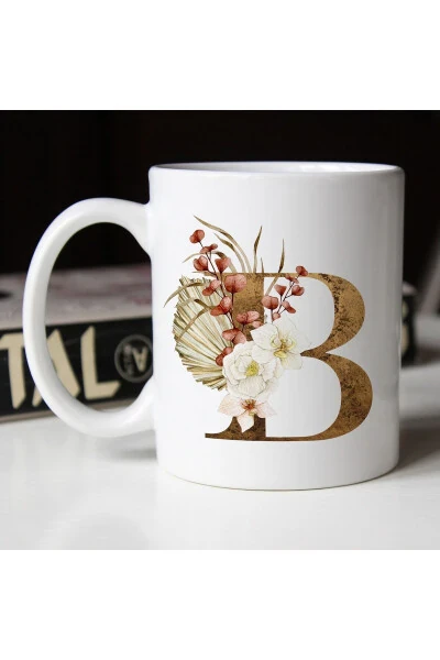 B Initial Printed Flower Patterned Porcelain Letter Tea Coffee Mug Cup - HEDIYESEPETI