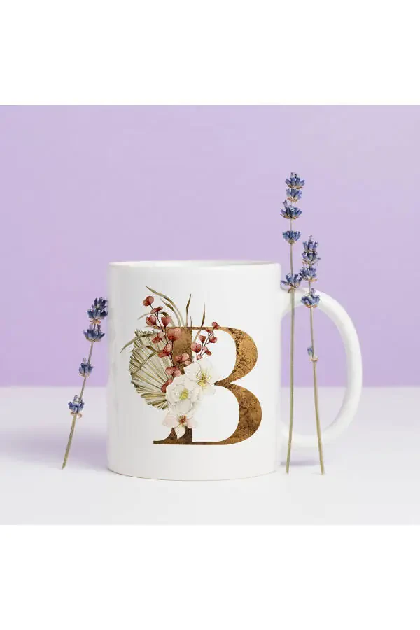 B Initial Printed Flower Patterned Porcelain Letter Tea Coffee Mug Cup - 4