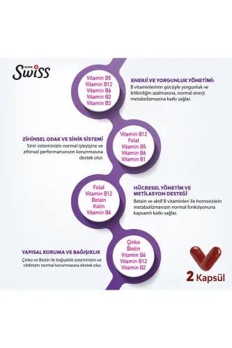 Swiss Bork B-Complex Vitamin • Aktif Form B1-B2-B3-B5-B6-B7-B9 , B12 (Methylcobalamin) • 30 Kapsül - 4