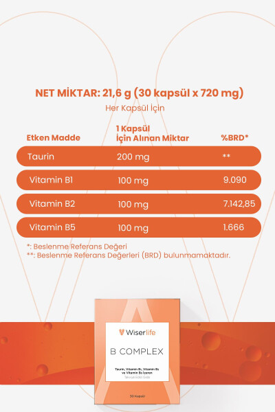 B Kompleksi Taurin, B1, B2 va B5 ni o'z ichiga olgan oziq-ovqat qo'shimchasi 30 kapsula - 6