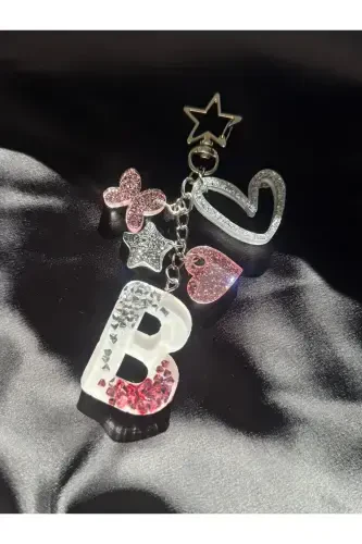 B Letter Silver Star Ring VIP Stone Extra Figured Epoxy Letter Keychain Gift Keychain - 1