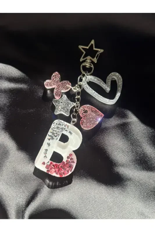 B Letter Silver Star Ring VIP Stone Extra Figured Epoxy Letter Keychain Gift Keychain - 1