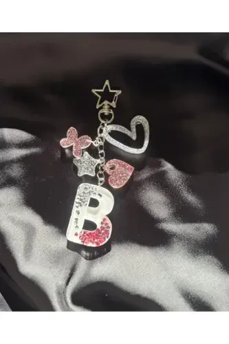 B Letter Silver Star Ring VIP Stone Extra Figured Epoxy Letter Keychain Gift Keychain - 3