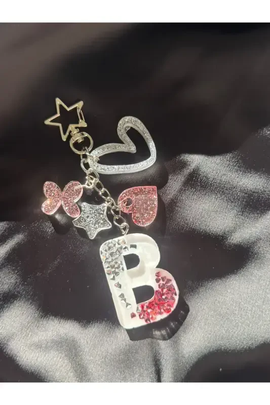 B Letter Silver Star Ring VIP Stone Extra Figured Epoxy Letter Keychain Gift Keychain - 4