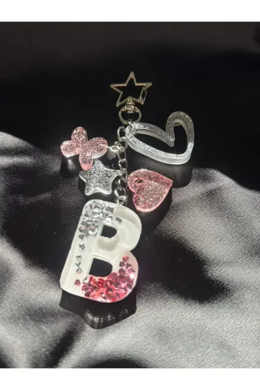B Letter Silver Star Ring VIP Stone Extra Figured Epoxy Letter Keychain Gift Keychain - 5