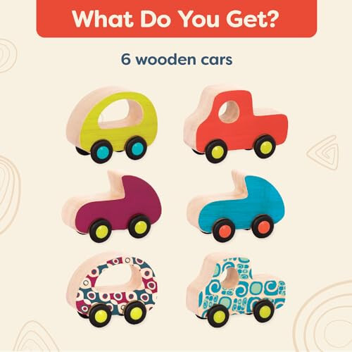 B. toys – Wooden Toy Cars Set with 6 Colorful Vehicles for Kids & Toddlers – Durable Trucks – Easy – Grip Kids Toys for Ages 1+ - 5