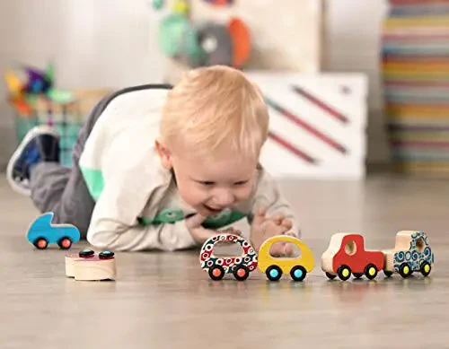 B. toys - 6 Little Wooden Toy Cars - Free Wheee-Lees - Vehicles - Colorful Car Play Set for Toddlers, Kids - 1 Year + - 14