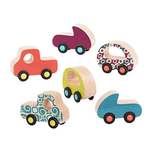 B. toys - 6 Little Wooden Toy Cars - Free Wheee-Lees - Vehicles - Colorful Car Play Set for Toddlers, Kids - 1 Year + - B.