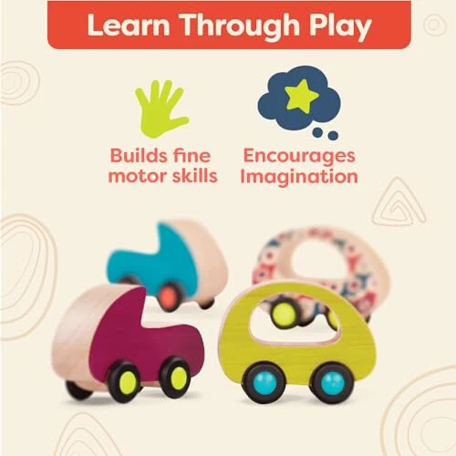 B. toys - 6 ta kichik yog'och o'yinchoq mashinalar - Erkin g'ildiraklar - Transport vositalari - Go'daklar va bolalar uchun rangli mashina o'yin to'plami - 1 yosh + - 22