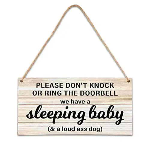 B06 Baby Sleeping Sign - Do Not Knock Or Ring Doorbell, Rustic Hanging Sign For Front Door, Nursery Home Bedroom - 1