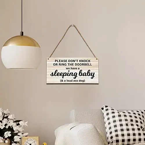 B06 Baby Sleeping Sign - Do Not Knock Or Ring Doorbell, Rustic Hanging Sign For Front Door, Nursery Home Bedroom - 4