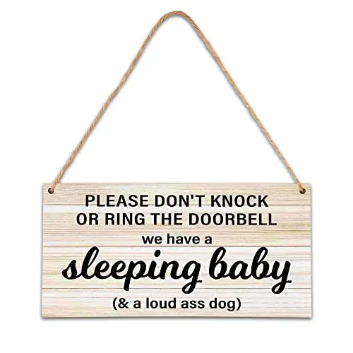 B06 Baby Sleeping Sign - Do Not Knock Or Ring Doorbell, Rustic Hanging Sign For Front Door, Nursery Home Bedroom 
