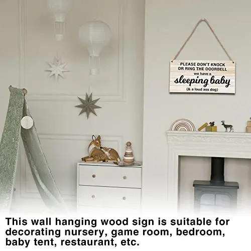B06 Baby Sleeping Sign - Do Not Knock Or Ring Doorbell, Rustic Hanging Sign For Front Door, Nursery Home Bedroom - 3