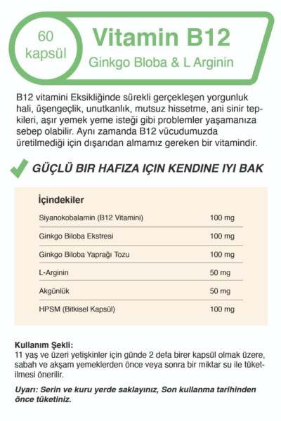 B12 Ginkgo Biloba Ekstrakti va L-arginin 500 Mg x 60 Kapsula - 3