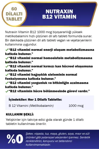 Vitamin B12 1000 mcg Sublingual 60 Tablet | Metilkobalamin | Hızlı Emilim Dil Altı Form - NUTRAXIN (1)