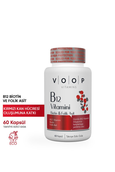 B12 Vitamini - Biotin & Folik Asit Cilt, Saç, Tırnak ve Beyin Sağlığı Destekleyici 60 Bitkisel Kapsül - 1