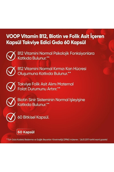 B12 Vitamini - Biotin & Folik Asit Cilt, Saç, Tırnak ve Beyin Sağlığı Destekleyici 60 Bitkisel Kapsül - 2