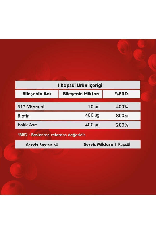 B12 Vitamini - Biotin & Folik Asit Cilt, Saç, Tırnak ve Beyin Sağlığı Destekleyici 60 Bitkisel Kapsül - 3