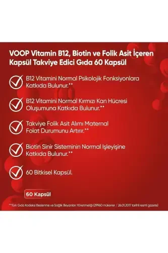 B12 Vitamini - Biotin&Folik Asit Cilt, Saç, Tırnak ve Beyin Sağlığı Destekleyici 60 Bitkisel Kapsül. - VOOP (1)