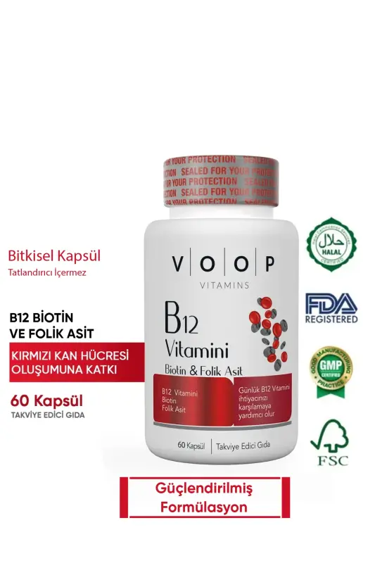 B12 Vitamini - Biotin&Folik Asit Cilt, Saç, Tırnak ve Beyin Sağlığı Destekleyici 60 Bitkisel Kapsül. - VOOP