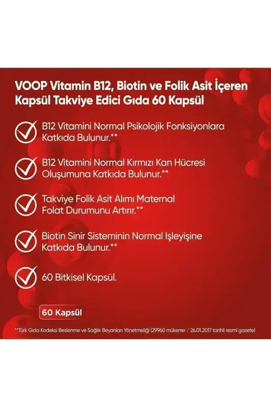 B12 Vitamini - Biotin & Folik Kislota Teri, Soch, Tirnoq va Miya Salomatligini Qo'llab-quvvatlovchi 60 O'simlik Kapsulası - 2