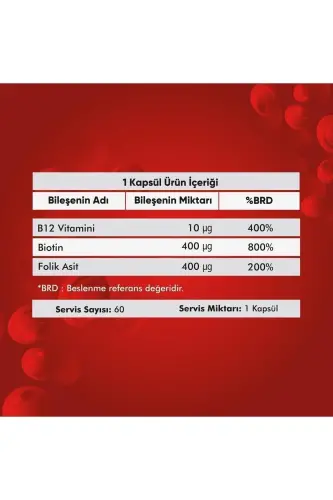 B12 Vitamini - Biotin & Folik Kislota Teri, Soch, Tirnoq va Miya Salomatligini Qo'llab-quvvatlovchi 60 O'simlik Kapsulası - 3