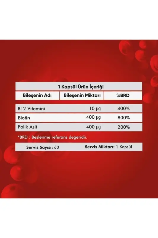 B12 Vitamini - Biotin & Folik Kislota Teri, Soch, Tirnoq va Miya Salomatligini Qo'llab-quvvatlovchi 60 O'simlik Kapsulası - 3