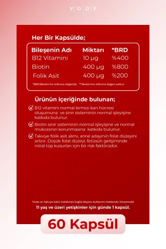 B12 Vitamini - Biotin & Folik Kislota Teri, Soch, Tirnoq va Miya Salomatligini Qo'llab-quvvatlovchi 60 O'simlik Kapsulası - 7