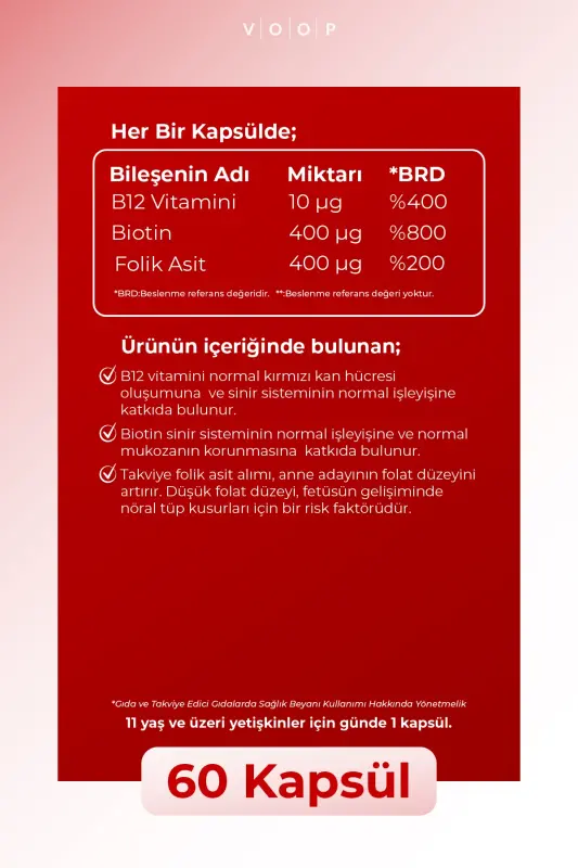 B12 Vitamini - Biotin & Folik Kislota Teri, Soch, Tirnoq va Miya Salomatligini Qo'llab-quvvatlovchi 60 O'simlik Kapsulası - 7