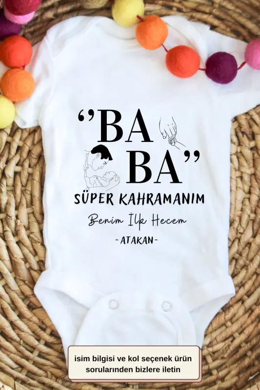 Baba Süper Kahramanım İlk hecem Yazılı Kişiye özel Bebek Zıbın - Beyaz - 1