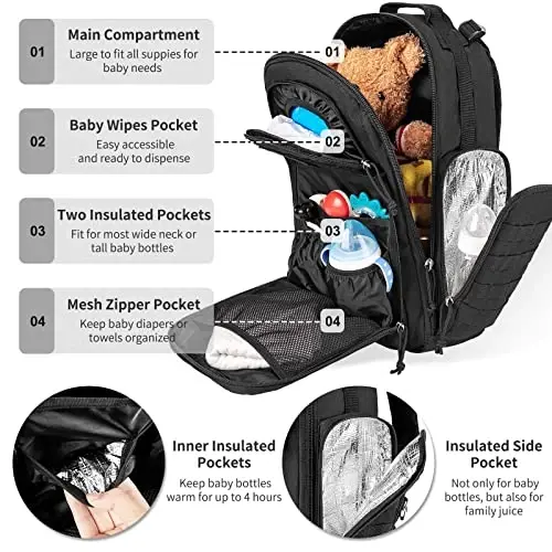 SHARKMOUTH Diaper Bag Backpack for Dad and Mom, Military Molle diaper Pack with Insulated Bottle Holders and Wipe Pocket - MODAZONE (1)
