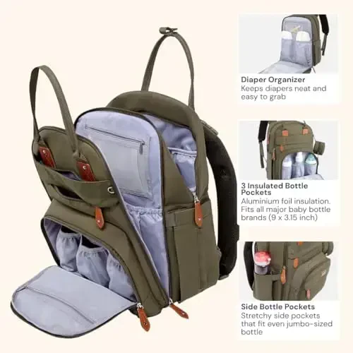 BabbleRoo Baby Diaper Bag Backpack - Army Green, Unisex, Waterproof, Multi-function, 26L Capacity, Changing Pad, Stroller Straps, Pacifier Case, Easy Access Zipper Pockets - 3