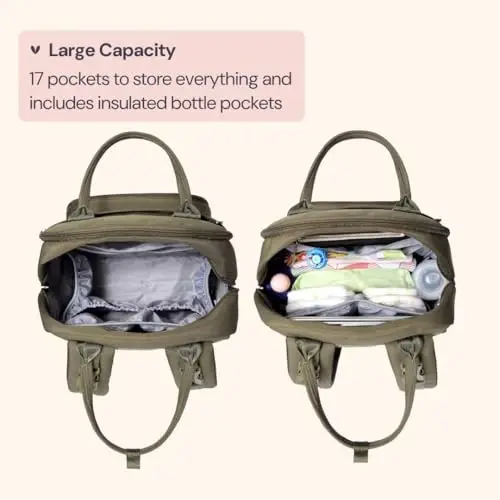 BabbleRoo Baby Diaper Bag Backpack - Army Green, Unisex, Waterproof, Multi-function, 26L Capacity, Changing Pad, Stroller Straps, Pacifier Case, Easy Access Zipper Pockets 