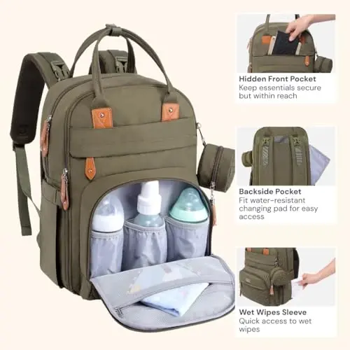 BabbleRoo Baby Diaper Bag Backpack - Army Green, Unisex, Waterproof, Multi-function, 26L Capacity, Changing Pad, Stroller Straps, Pacifier Case, Easy Access Zipper Pockets - 4