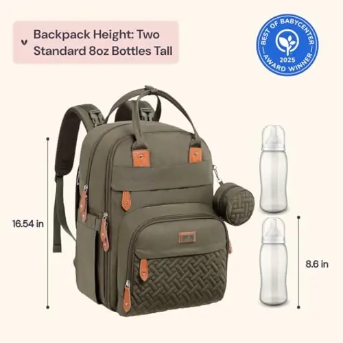 BabbleRoo Baby Diaper Bag Backpack - Army Green, Unisex, Waterproof, Multi-function, 26L Capacity, Changing Pad, Stroller Straps, Pacifier Case, Easy Access Zipper Pockets - 6