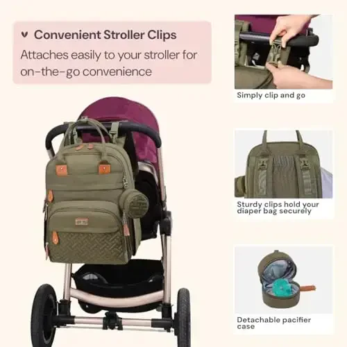 BabbleRoo Diaper Bag Backpack - Baby Essentials Travel Tote - Multi Function Water Resistant Diaper Bag, Travel Essentials Baby Bag with Changing Pad, Stroller Straps & Pacifier Case - Army Green - 5
