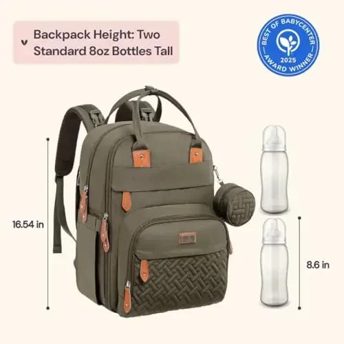 BabbleRoo Diaper Bag Backpack - Baby Essentials Travel Tote - Multi Function Water Resistant Diaper Bag, Travel Essentials Baby Bag with Changing Pad, Stroller Straps & Pacifier Case - Army Green - 6