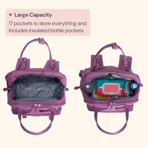 BabbleRoo Diaper Bag Backpack - Baby Essentials Travel Tote - Multi Function Waterproof Diaper Bag, Travel Essentials Baby Bag with Changing Pad, Stroller Straps & Pacifier Case - Unisex, Purple 