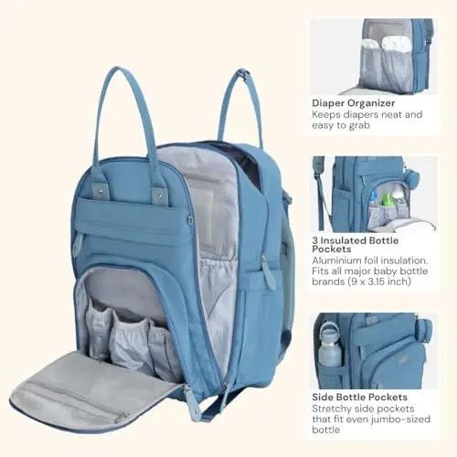 BabbleRoo Diaper Bag Backpack - Baby Essentials Travel Tote - Multi function Water Resistant Diaper Bag, Travel Essentials Baby Bag with Changing Pad, Stroller Straps & Pacifier Case - Light Blue - 4