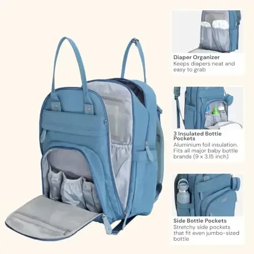 BabbleRoo Diaper Bag Backpack - Baby Essentials Travel Tote - Multi function Waterproof Diaper Bag, Travel Essentials Baby Bag with Changing Pad, Stroller Straps & Pacifier Case - Unisex, Light Blue - 4