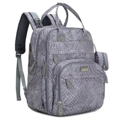 BabbleRoo Diaper Bag Backpack - Baby Essentials Travel Tote - Multi Function Water Resistant Diaper Bag, Travel Essentials Baby Bag with Changing Pad, Stroller Straps & Pacifier Case - Grey Swirls - 1