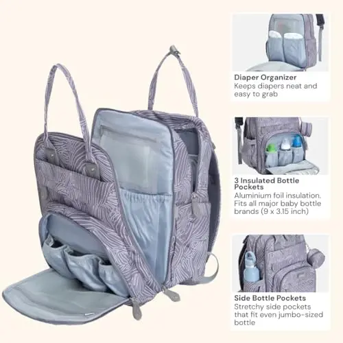 BabbleRoo Diaper Bag Backpack - Baby Essentials Travel Tote - Multi Function Water Resistant Diaper Bag, Travel Essentials Baby Bag with Changing Pad, Stroller Straps & Pacifier Case - Grey Swirls - 3